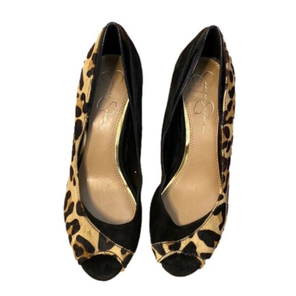 SOLD JESSICA Simpson Women’s Black Leopard Print Peep Toe Heels (Size 8B/38) - Picture 2 of 16
